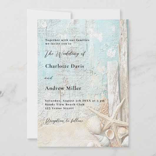 Strandblauw zand zeester drijfhout luxe bruiloft kaart (Voorkant)