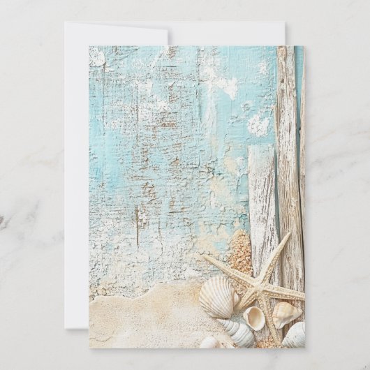 Strandblauw zand zeester drijfhout luxe bruiloft kaart (Achterkant)