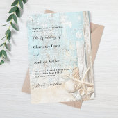 Strandblauw zand zeester drijfhout luxe bruiloft kaart