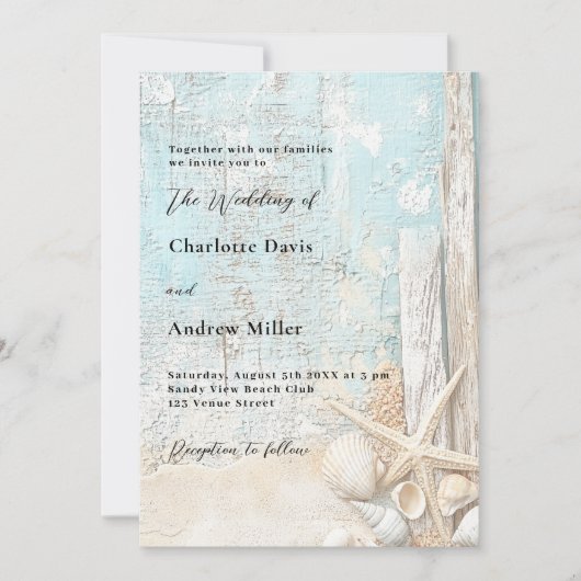 Strandblauwe zandzeester driftwood bruiloft kaart (Voorkant)