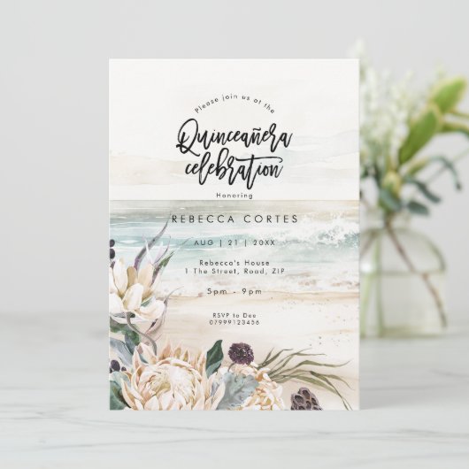 strandbloemen Quinceanera 15e verjaardag Uitnodigi Kaart (Staand voorkant)