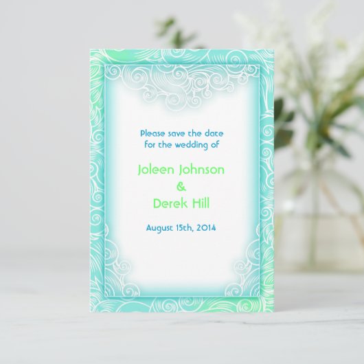 Strandbruiloft Aqua en White Save the Date (Staand voorkant)