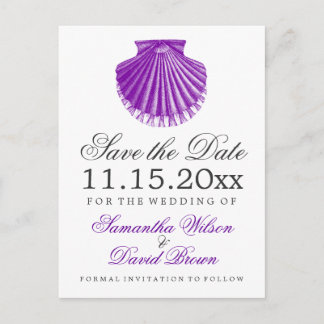 Strandbruiloft Bewaar de datum Scallop Shell Paars Aankondigingskaart