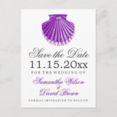 Strandbruiloft Bewaar de datum Scallop Shell Paars Aankondigingskaart (Voorkant)
