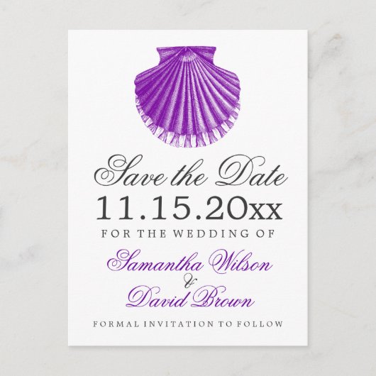 Strandbruiloft Bewaar de datum Scallop Shell Paars Aankondigingskaart (Voorkant)