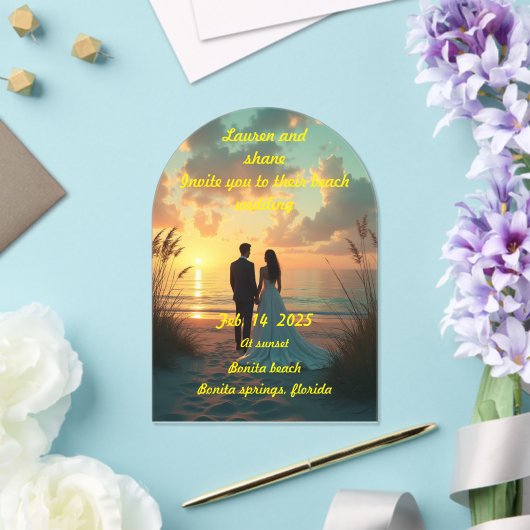 Strandbruiloft bij zonsondergang acryl uitnodigingen (Insitu (Huwelijk))