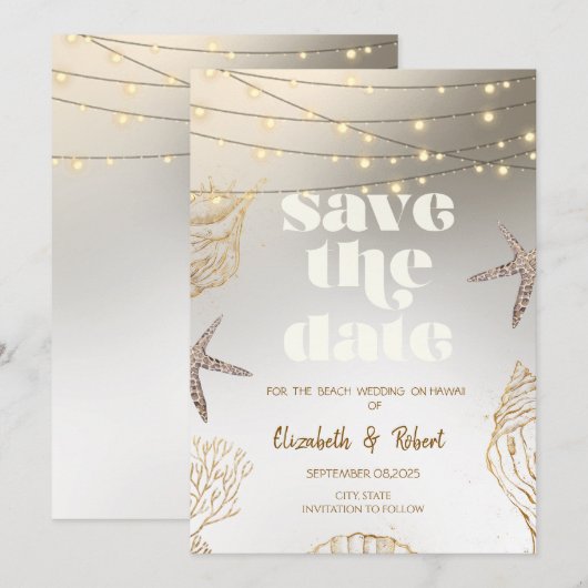 Strandbruiloft Cool Seashells, Lichten Save The Da Date (Voorkant / Achterkant)