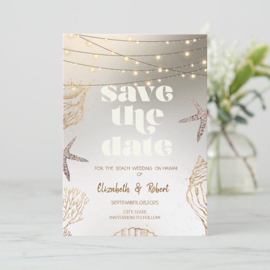 Strandbruiloft Cool Seashells, Lichten Save The Da Save The Date (Staand voorkant)