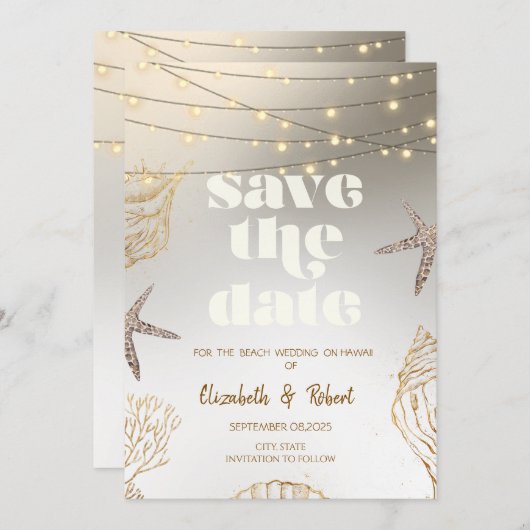 Strandbruiloft Cool Seashells, Lichten Save The Da Save The Date (Voorkant / Achterkant)