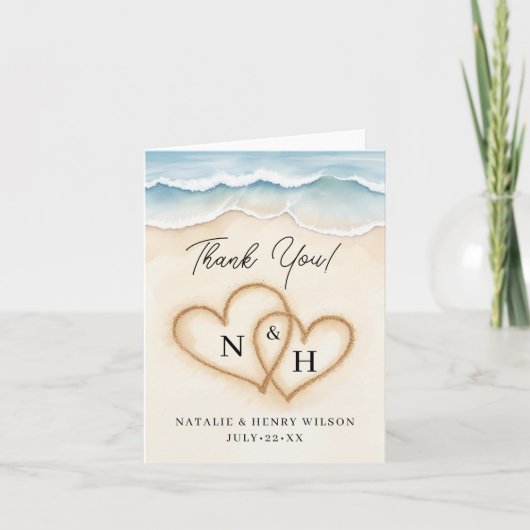 Strandbruiloft Dank u kaart met zandharten (Voorkant)