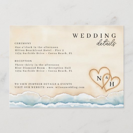 Strandbruiloft Details Kaart met Waterverf Harten (Voorkant)