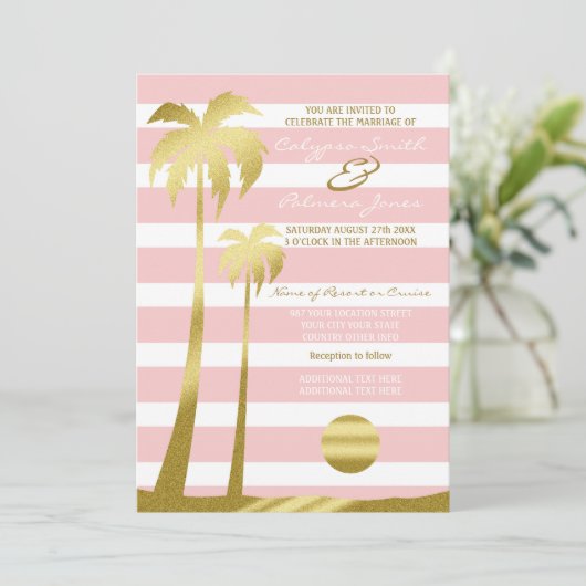 Strandbruiloft Gouden Glitter Palmbomen Roze Strep Kaart (Staand voorkant)