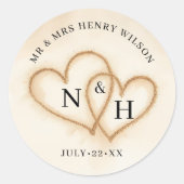 Strandbruiloft gunst Stickers met zandharten (Voorkant)