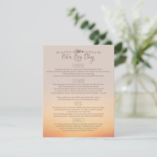 Strandbruiloft Insteekkaart "onze grote dag" Informatiekaartje (Staand voorkant)