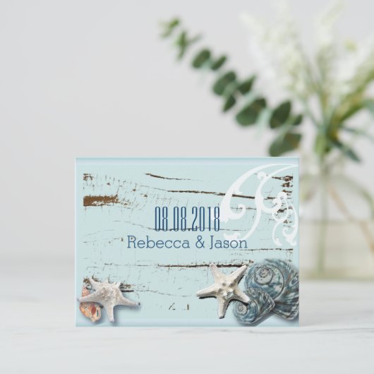 Strandbruiloft met schelpen save the date aankondigingskaart (Staand voorkant)