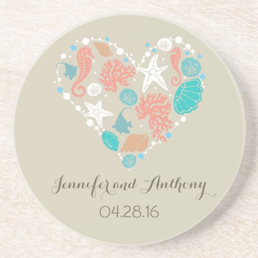 strandbruiloft met seizoenshells zandsteen onderzetter (Voorkant)