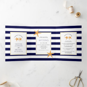 Strandbruiloft met Starfish and marvy blue strepen Drieluik Uitnodiging