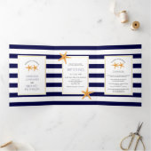 Strandbruiloft met Starfish and marvy blue strepen Drieluik Uitnodiging (Binnen)