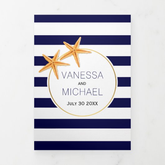 Strandbruiloft met Starfish and marvy blue strepen Drieluik Uitnodiging (Cover)