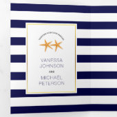 Strandbruiloft met Starfish and marvy blue strepen Drieluik Uitnodiging (Binnenzijde eerst)