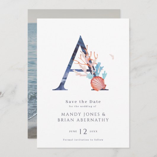 Strandbruiloft Monogram Foto Opslaan van de Datum Save The Date (Voorkant / Achterkant)