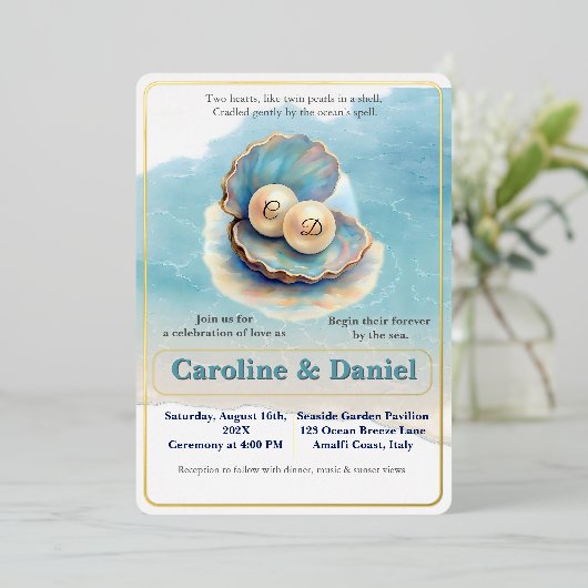 Strandbruiloft parels Shell Elegant Ocean Theme Folie Uitnodiging (Staand Voorkant)