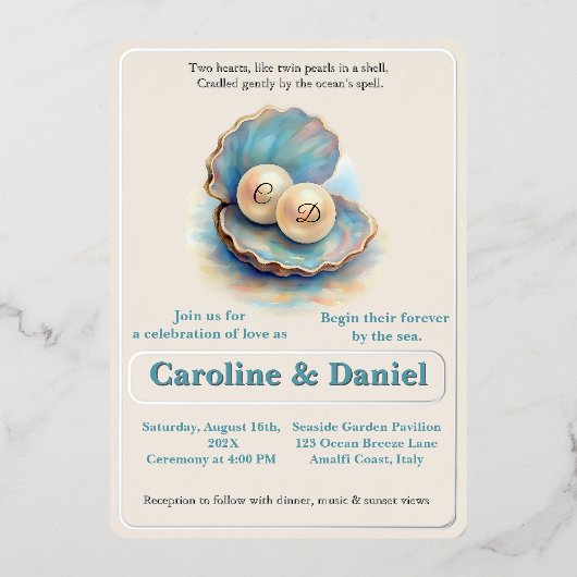 Strandbruiloft parels Shell Elegant Ocean Theme Folie Uitnodiging (Voorkant)
