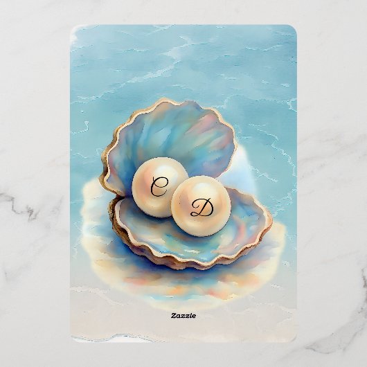 Strandbruiloft parels Shell Elegant Ocean Theme Folie Uitnodiging (Achterkant)
