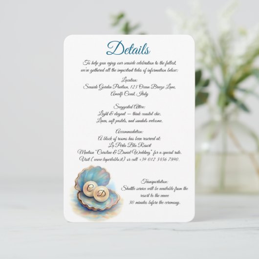 Strandbruiloft parels Shell Elegant Ocean Theme Informatiekaartje (Staand voorkant)
