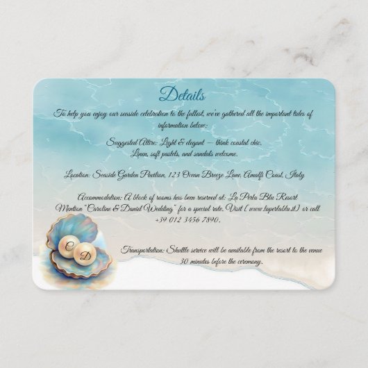 Strandbruiloft parels Shell Elegant Ocean Theme Informatiekaartje (Voorkant)