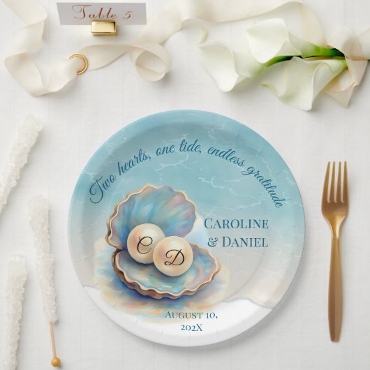Strandbruiloft parels Shell Elegant Ocean Theme Papieren Bordje (Huwelijk)