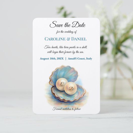 Strandbruiloft parels Shell Elegant Ocean Theme Save The Date (Staand voorkant)