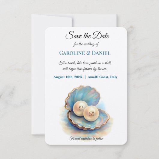 Strandbruiloft parels Shell Elegant Ocean Theme Save The Date (Voorkant)