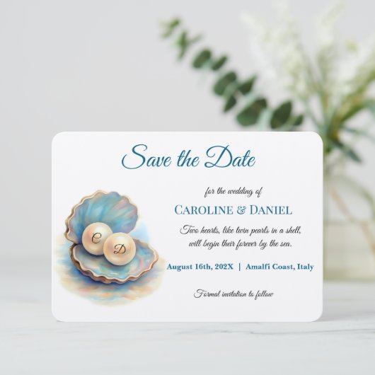 Strandbruiloft parels Shell Elegant Ocean Theme Save The Date (Staand voorkant)