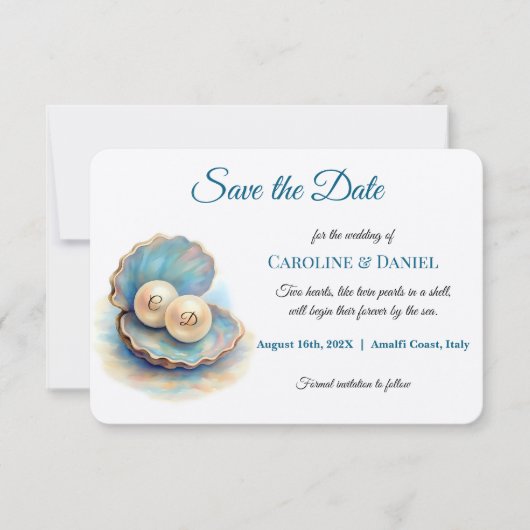 Strandbruiloft parels Shell Elegant Ocean Theme Save The Date (Voorkant)