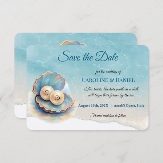 Strandbruiloft parels Shell Elegant Ocean Theme Save The Date (Voorkant / Achterkant)