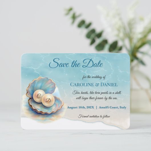 Strandbruiloft parels Shell Elegant Ocean Theme Save The Date (Staand voorkant)
