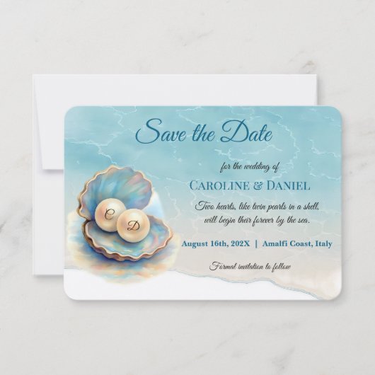 Strandbruiloft parels Shell Elegant Ocean Theme Save The Date (Voorkant)