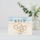 Strandbruiloft RSVP-Briefkaart met zandhartontwerp Briefkaart (Staand voorkant)