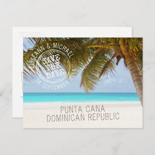 Strandbruiloft Sandy Palm Tree Save the Date Aankondigingskaart (Voorkant / Achterkant)