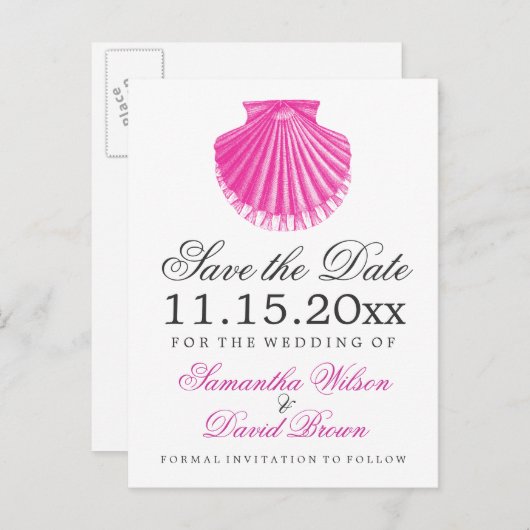 Strandbruiloft Save The Date Scallop Shell Roze Aankondigingskaart (Voorkant / Achterkant)