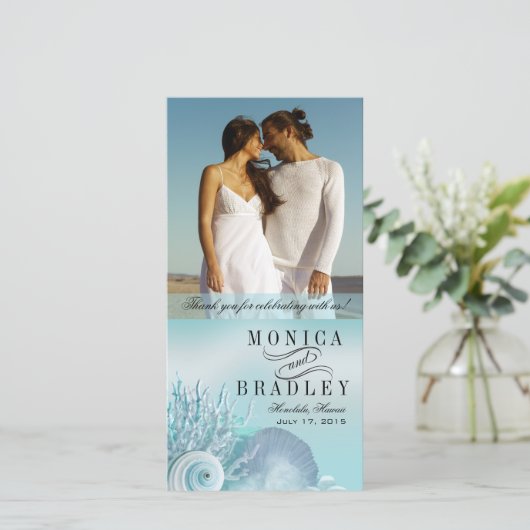 Strandbruiloft Schelp Dromen Bedankt aqua (Staand voorkant)