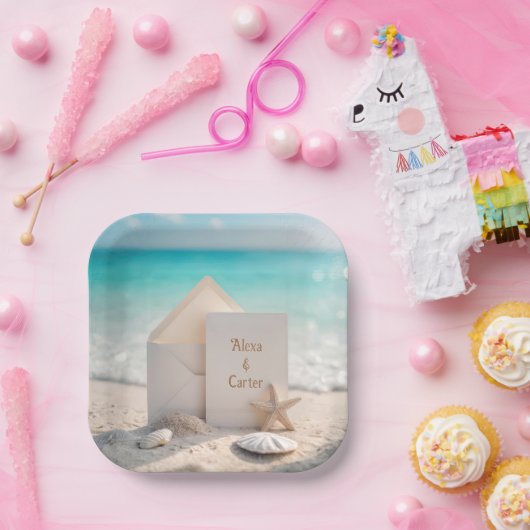 Strandbruiloft uitnodigen met zeesterren papieren bordje (Feest)