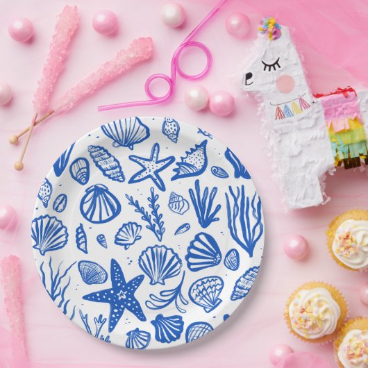 Strandbruiloft zeeschelpen Blauw Wit Lief Kust- Papieren Bordje (Feest)