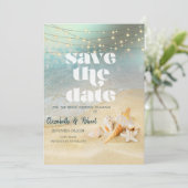 Strandbruiloft Zeeschelpen Slingerlichten SaveTheD Save The Date (Staand voorkant)