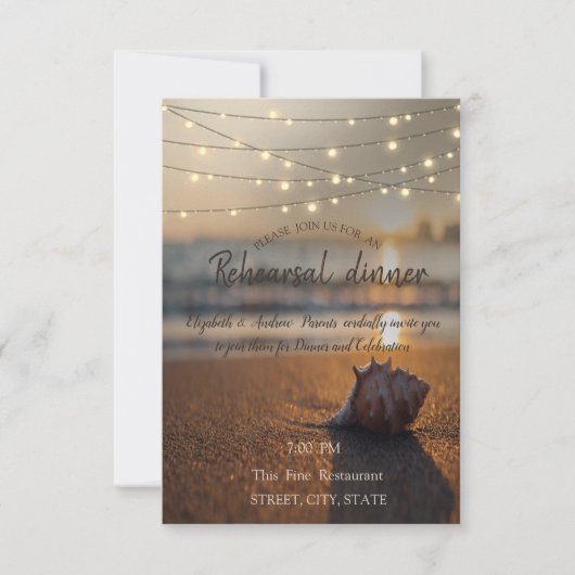 Strandbruiloft Zonsondergang Schelp Oefenavondmaal Kaart (Voorkant)