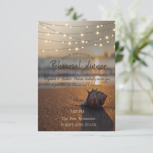 Strandbruiloft Zonsondergang Schelp Oefenavondmaal Kaart (Staand voorkant)