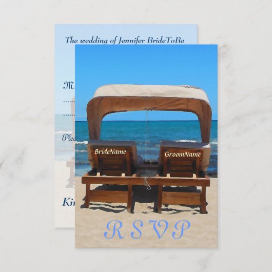 Strandbruiloftstoelen in het zand RSVP kaartje (Voorkant / Achterkant)