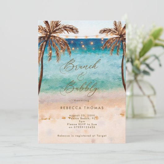 strandbrunch en bubbly bridal doucheuitnodiging kaart (Staand voorkant)