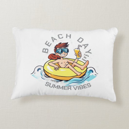 Stranddag Cartoon Karakter op Opblaasbare Ring Accent Kussen (Achterkant)